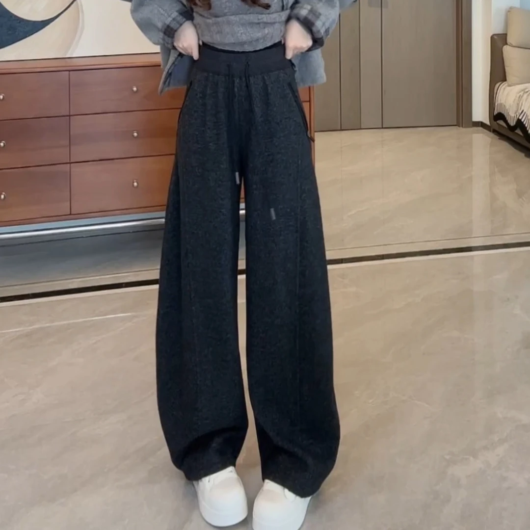 加绒阔腿裤女秋冬新款宽松松紧高腰拉链口袋休闲直筒保暖加厚长裤