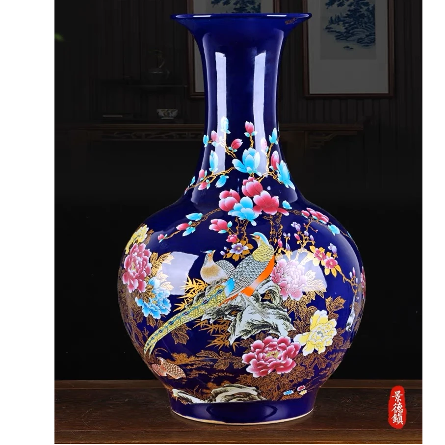 Z007景德镇陶瓷景泰蓝花鸟赏瓶带底座