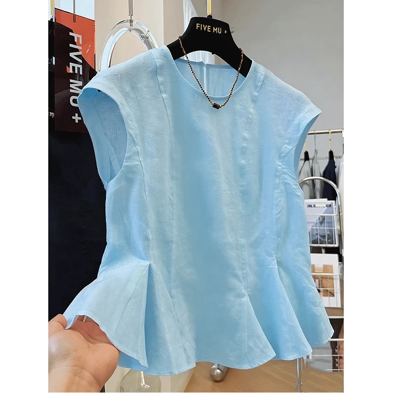 韩系洋气小裙摆圆领无袖小衫女夏季高端亚麻坎肩外穿马甲背心上衣