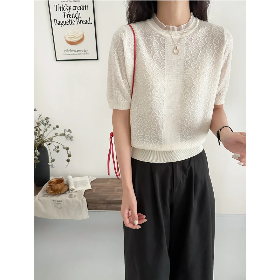 2114【爱心浮雕中袖针织衫】春夏新品圆领薄款女士气质上衣