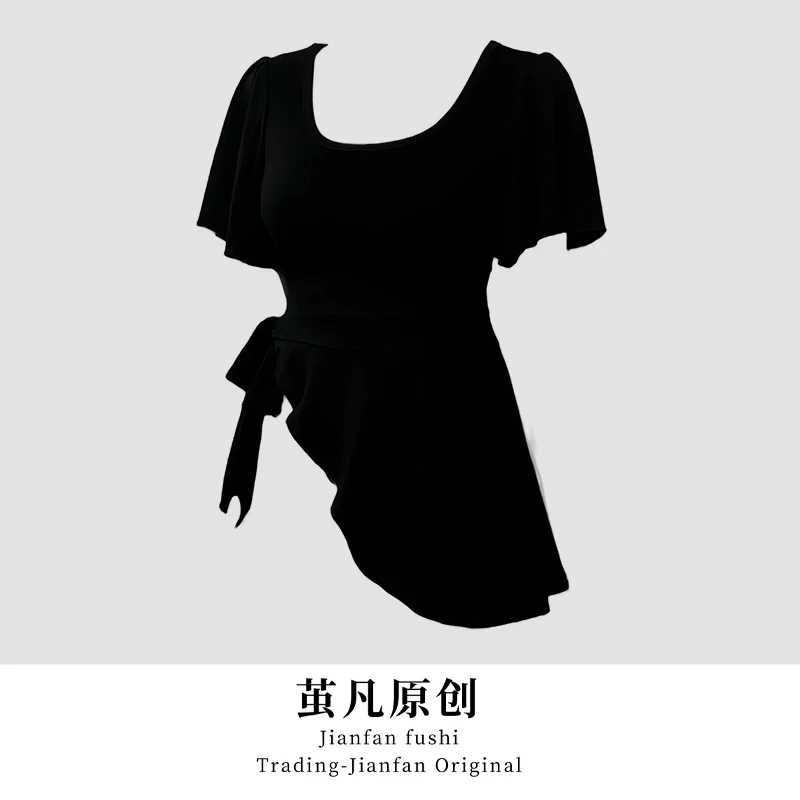 大码微胖mm不规则绑带显瘦方领短袖女辣妹抽绳显瘦掐腰上衣纯欲风