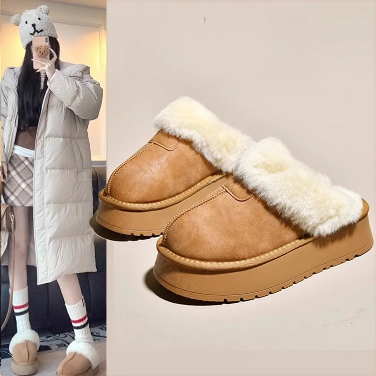厚底皮面防水雪地靴包头半拖鞋女外穿2025新款冬季加绒毛毛鞋棉拖