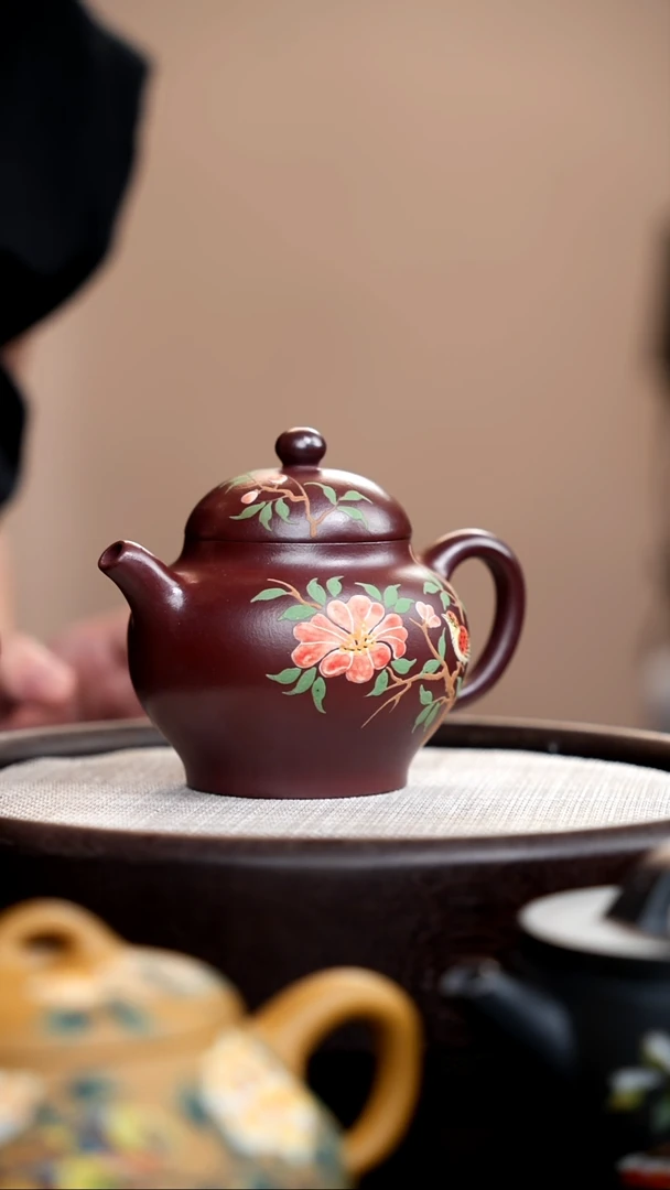 茶壶紫砂柴烧柿圆泥绘花鸟