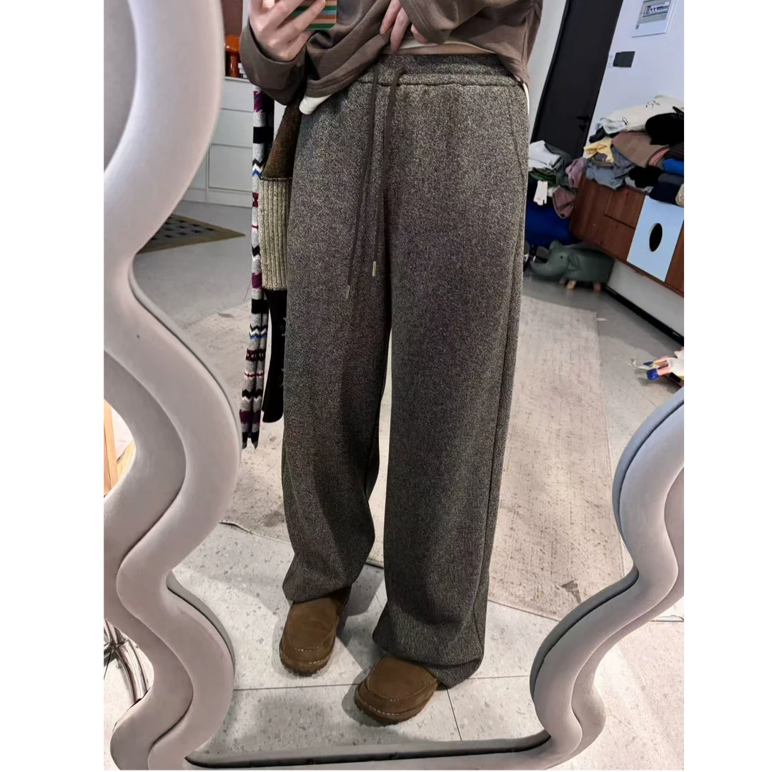 晶咕【闲适法则】复古雪花感全松紧抽绳直筒加绒休闲裤