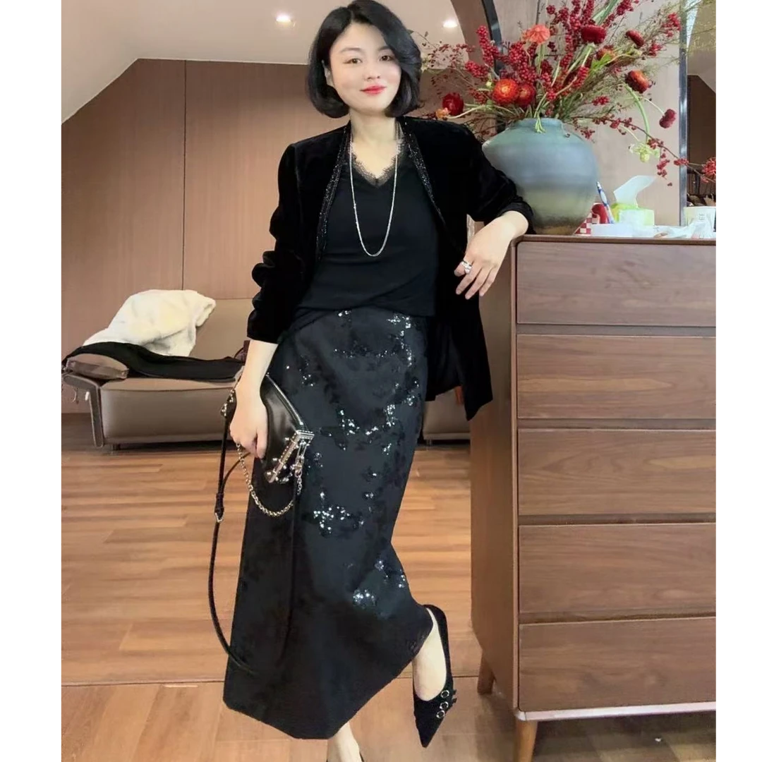 【TANTAN】显瘦气质时尚重工黑色半裙#226