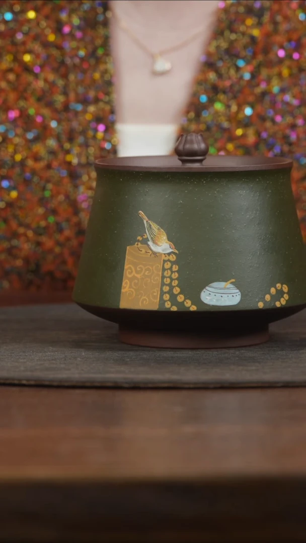 【闪购商品】紫砂茶叶罐莲花钮绿泥泥绘小鸟茶叶罐