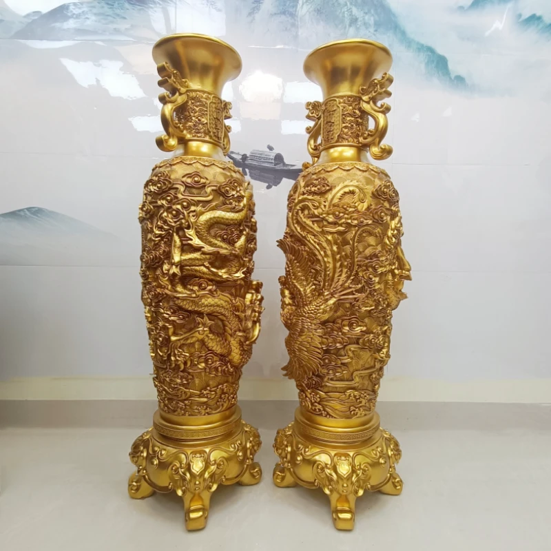 拍一发二龙凤呈祥落地大花瓶鎏金铜工艺摆件客厅前台办公室装饰品