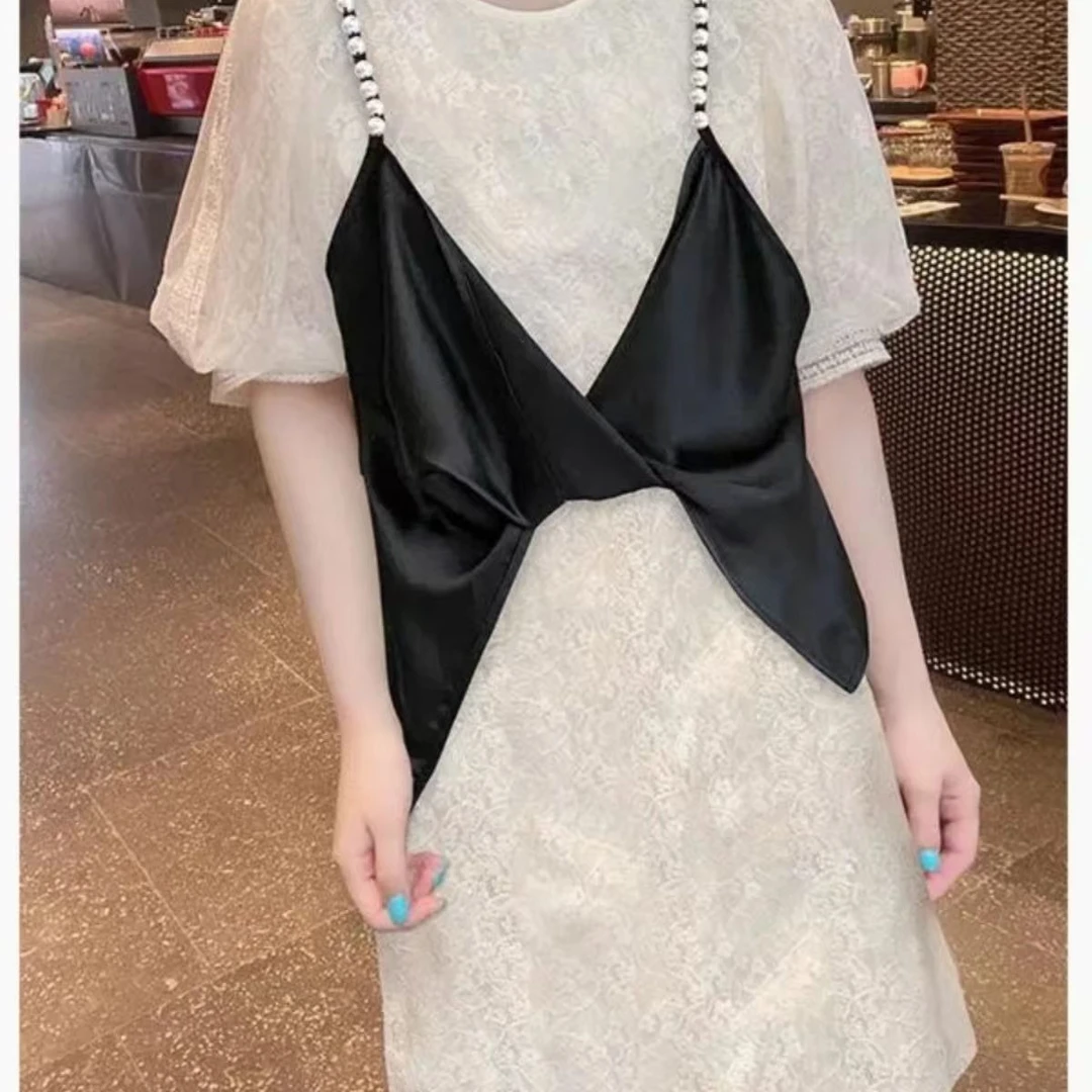 蕾丝拼接假两件连衣裙女夏季2025新款气质高端短袖T恤裙子