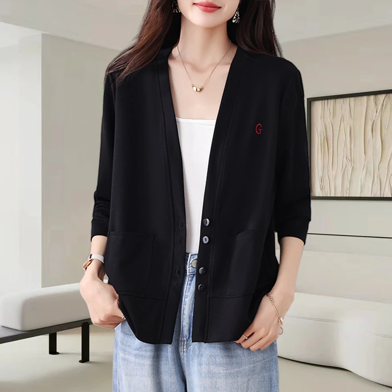 黑色V领刺绣叠穿外套女士2025秋季新款时尚减龄宽松显瘦百搭上衣