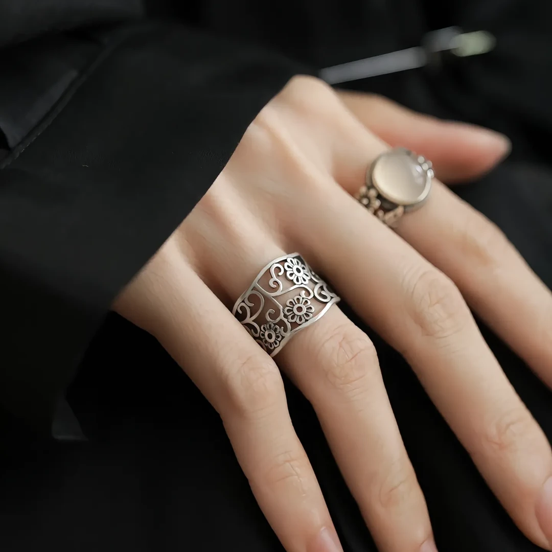 新中式戒指复古花朵树叶指环气质白月光开口可调节食指戒女做旧