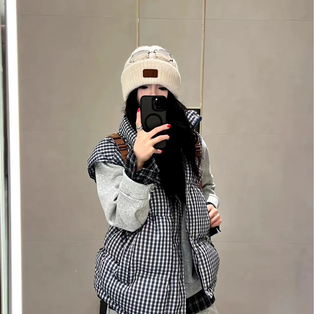 美式格纹马甲棉服女冬季宽松刺绣马夹外穿百搭保暖拉链格子外套