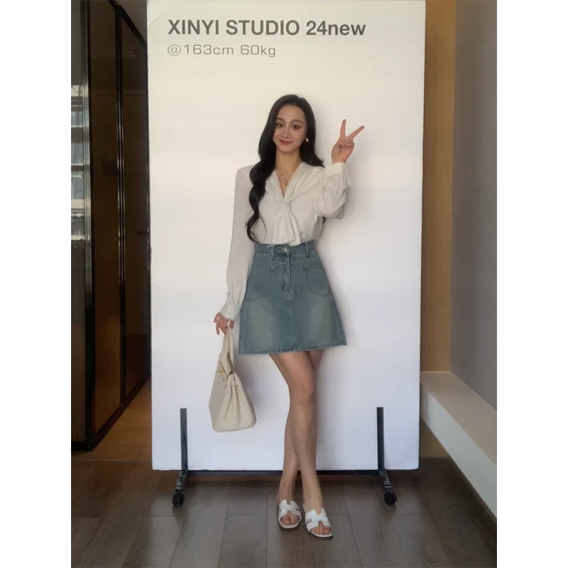 XINYI【英茶小调】春季海军领亚麻衬衫女长袖气质百搭X625C00234