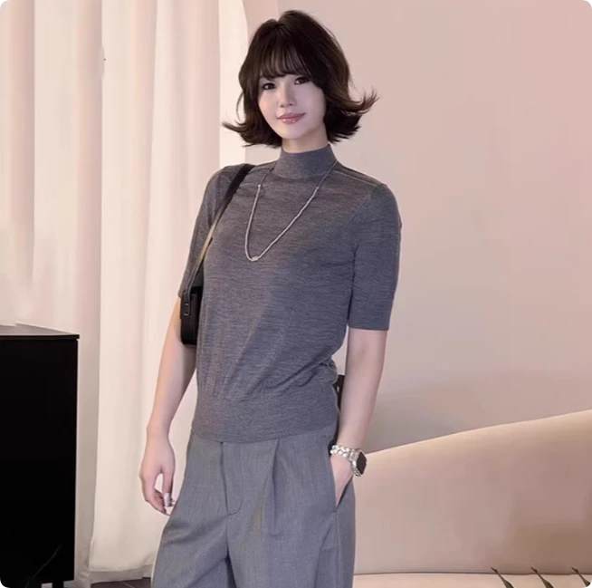 【商场同款】秋季新款百搭简约羊毛衫打底衫半高领短袖针织女538075