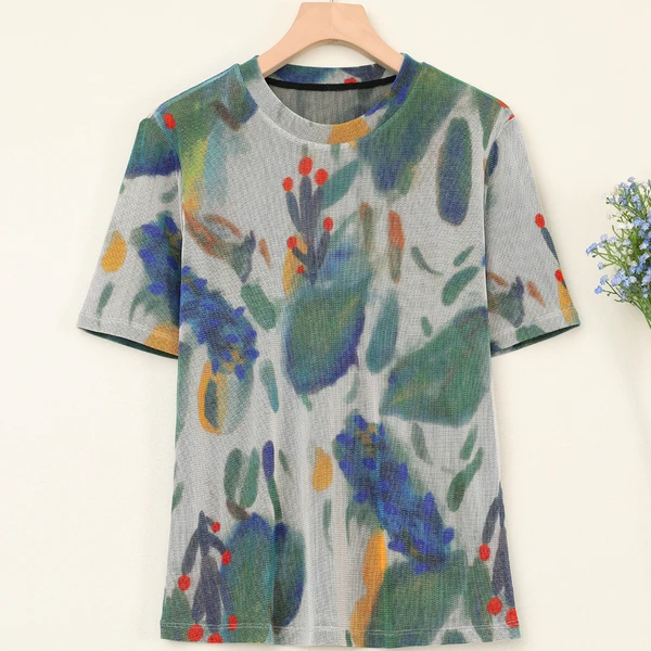 LANZIBES/蓝之蓓真丝网纱短袖上衣桑蚕丝T恤圆领休闲印花D9869