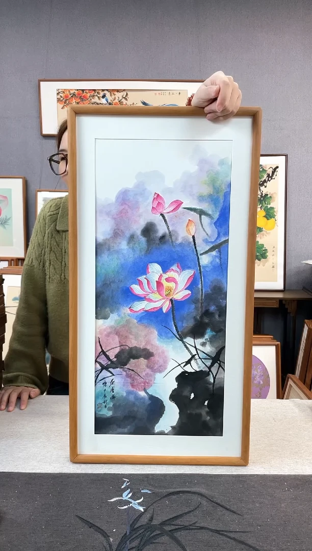 【闪购商品】国画王嘉诚-手绘带框作品-35*68-荷花