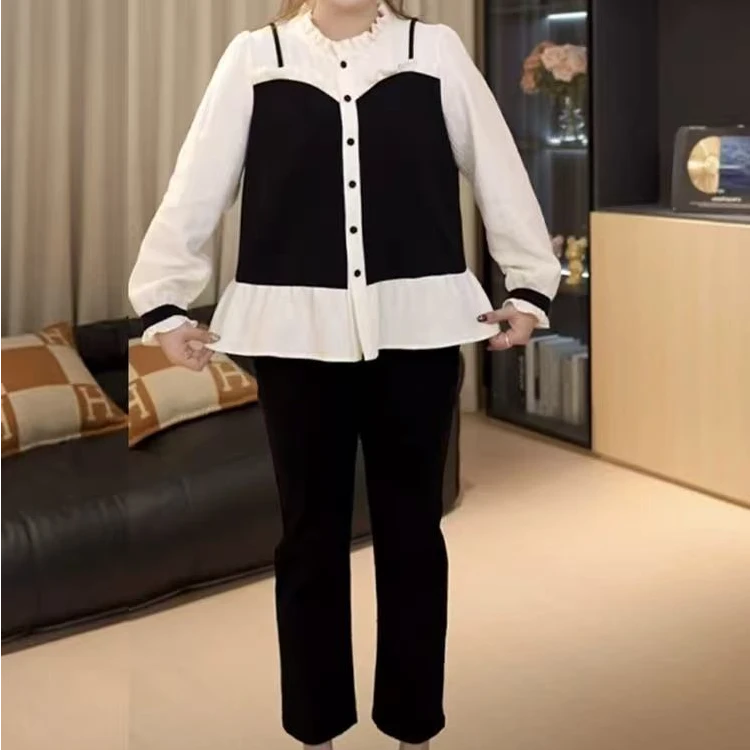 5511-C-大码简约撞色百搭显瘦百搭A版显瘦大码甜美衫