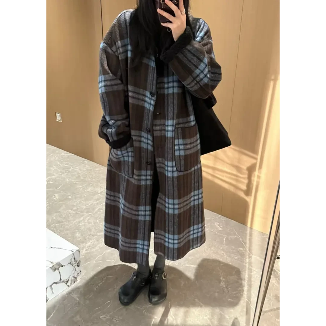 【JOYE】羊毛冬季新品款百搭加厚宽松版格纹外套中长款大衣ABQY236