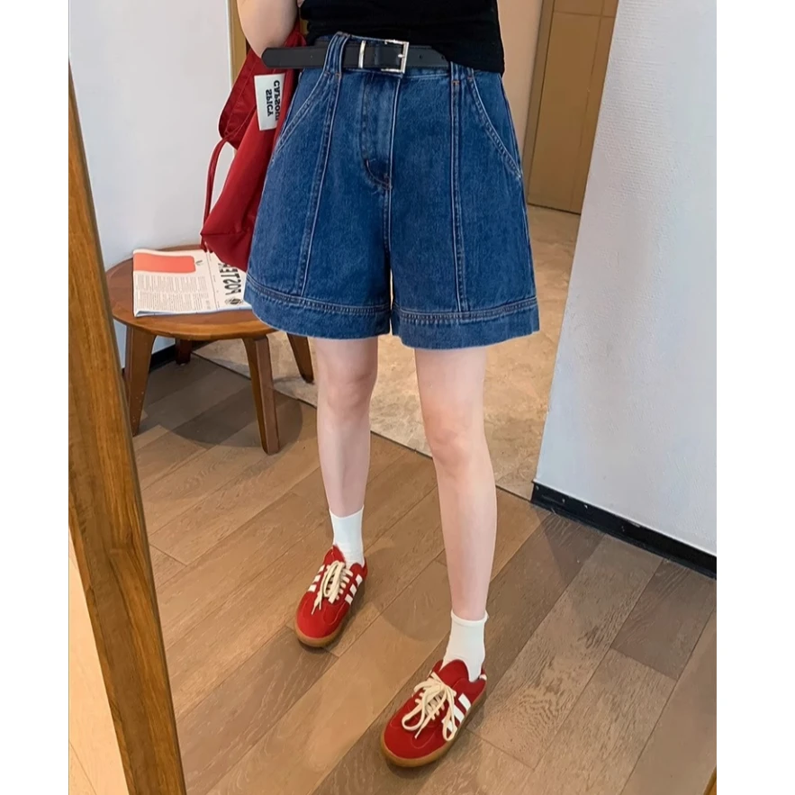 蓝色A字牛仔短裤女2025夏季新款梨型身材高腰显瘦百搭阔腿热裤