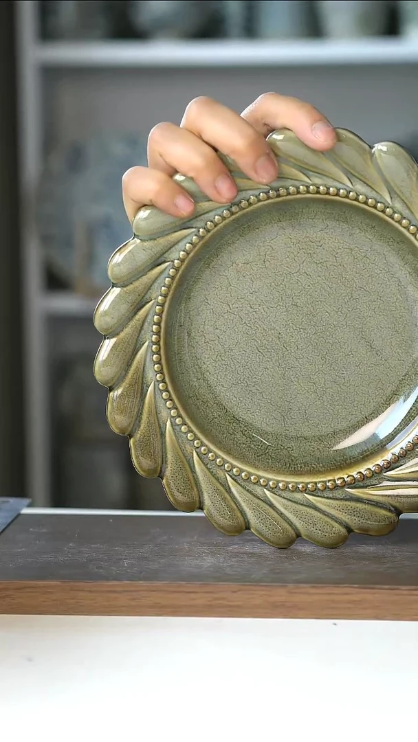 陶瓷微瑕珍珠浮雕窑变绿餐盘@4-2@