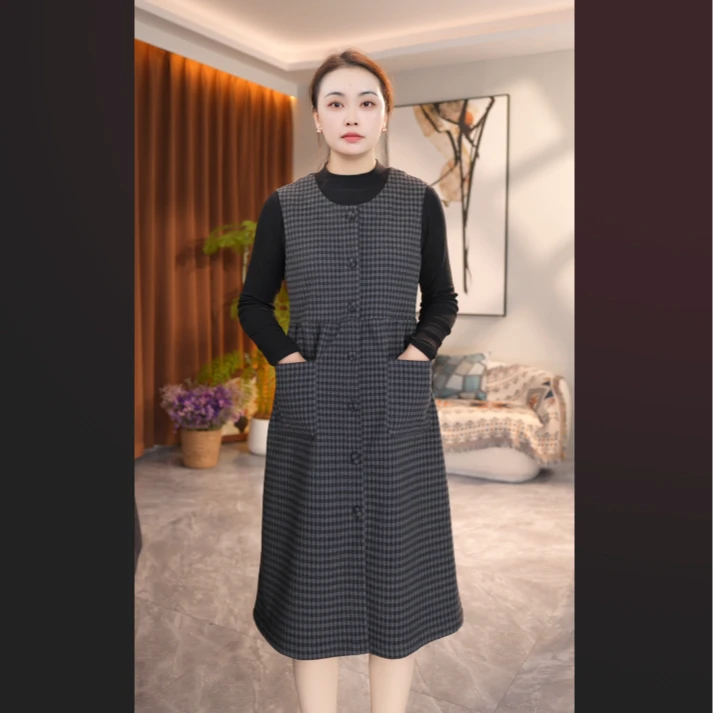秋冬新款格子无袖显瘦时尚宽松马甲裙休闲百搭8803