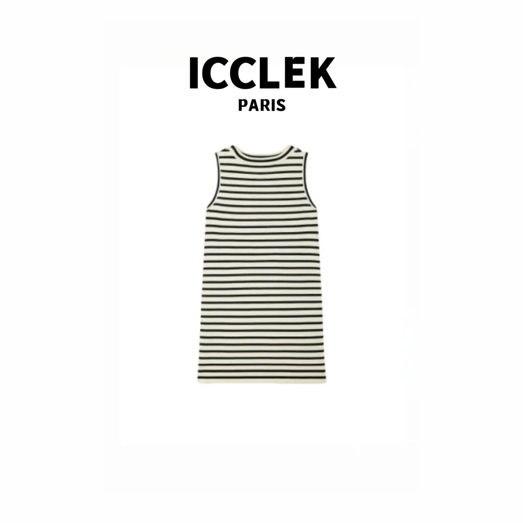 ICCLEK 圆领条纹无袖连衣裙杏色轻奢气质针织显瘦 连衣裙 -  1278
