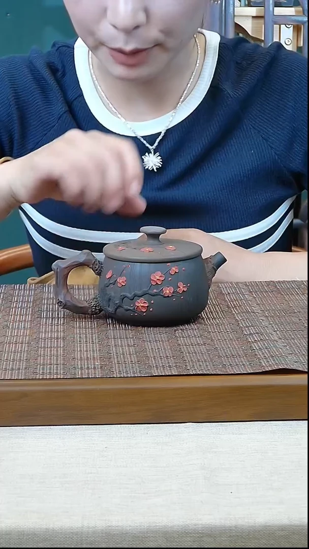 茶壶紫砂07红梅花宽口壶220CC/玖陶纯手工制作甄选