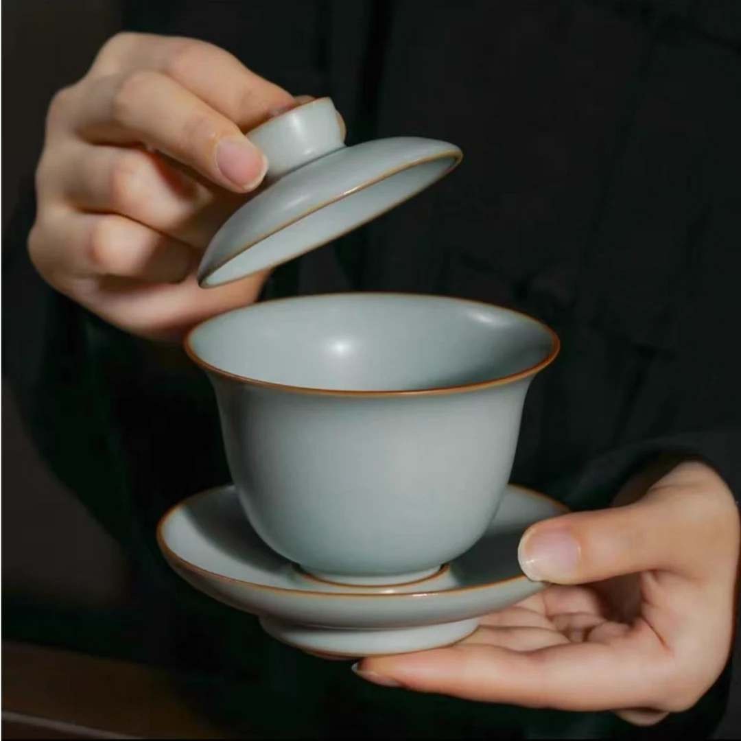 【小宇茶具专属】青澹汝瓷陶瓷礼盒装景德镇汝窑可开片望月盖碗