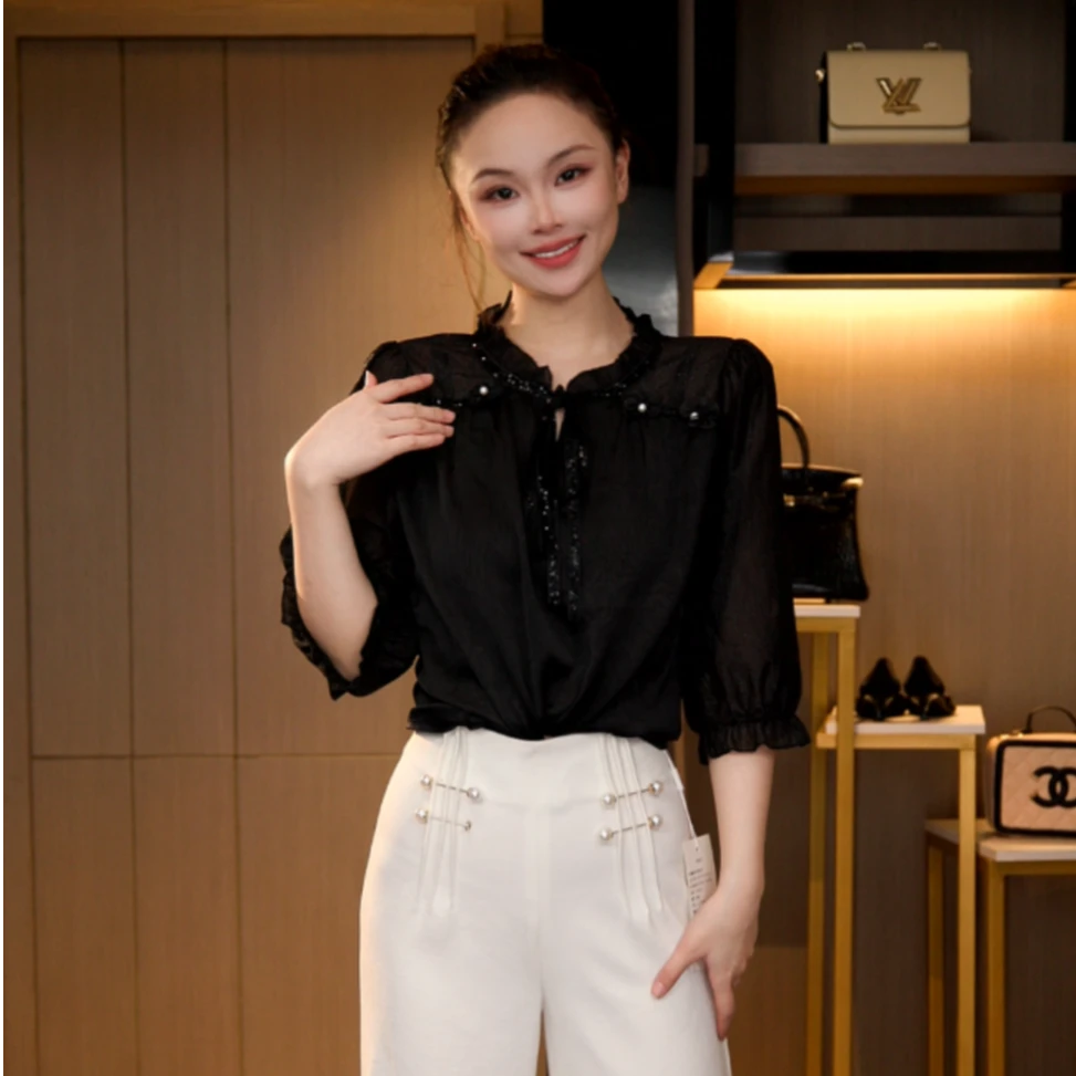 L4X2241 法式复古显瘦气质琉璃双绉丝T恤上衣