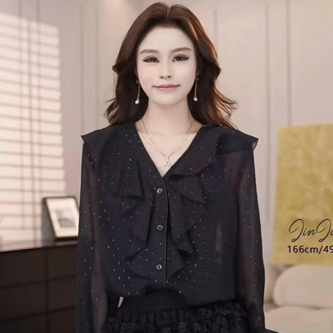 AMASS/阿玛施早春新款质感舒适女人味微透荷叶V领长袖衬衫530032