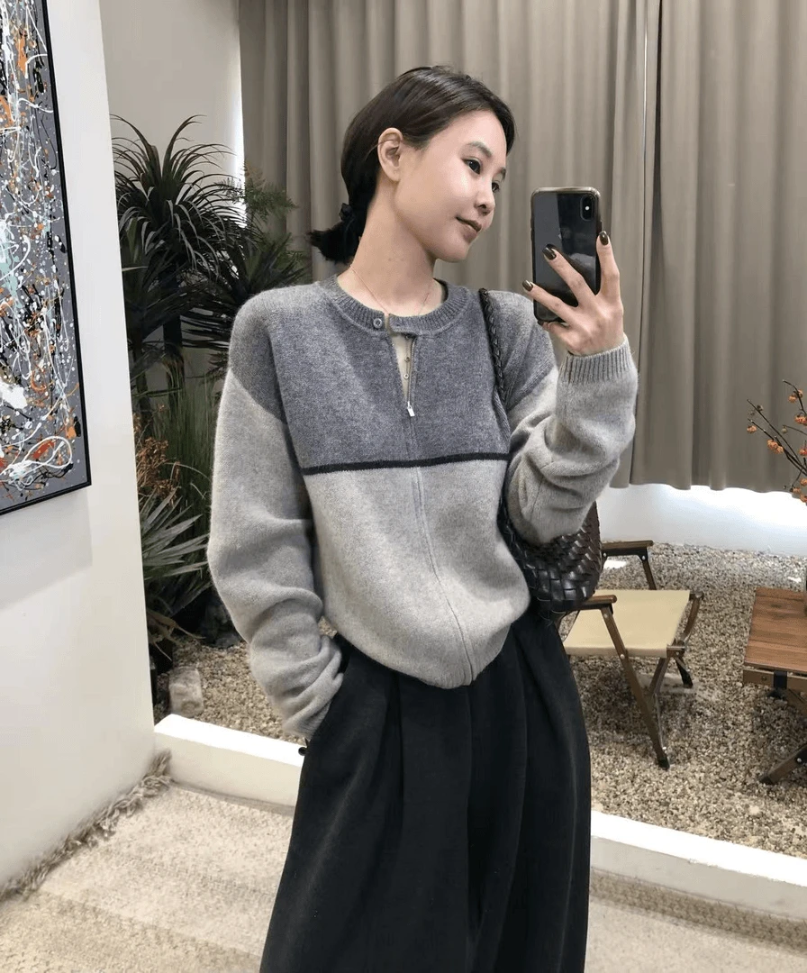韩系设计款复古文艺圆领撞色长袖毛衣针织外套秋冬百搭韩版上衣女
