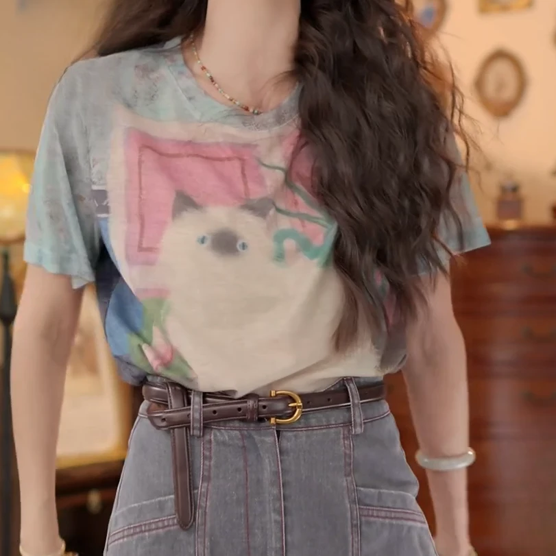 【暹罗絮语】复古港风印花宽松夏季短袖T恤休闲上衣