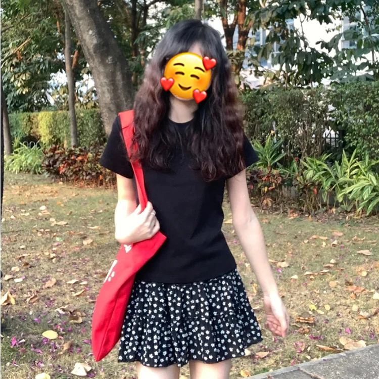 韩系黑色圆领正肩短袖t恤女夏季基础款纯色简约修身百搭95棉上衣t