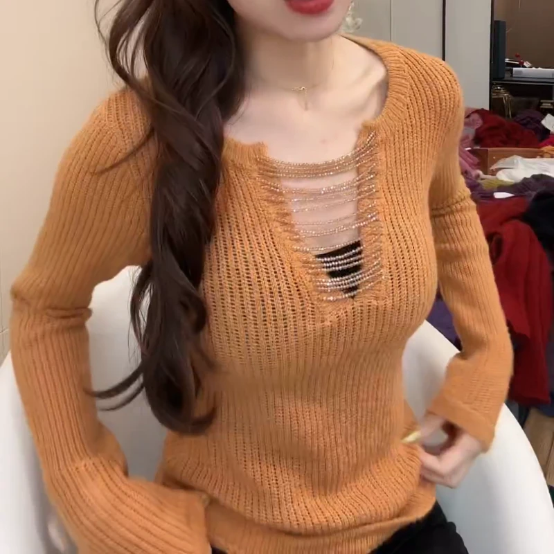 V领钉珠毛衣2026ins风秋冬修身显瘦打底针织衫女LK2509122