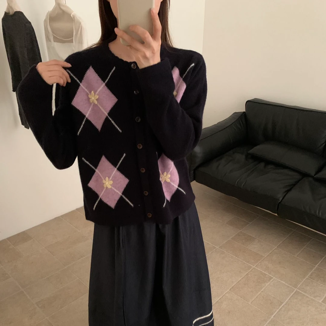 HONE同款手工钩花开衫韩版100%羊毛软糯不扎人