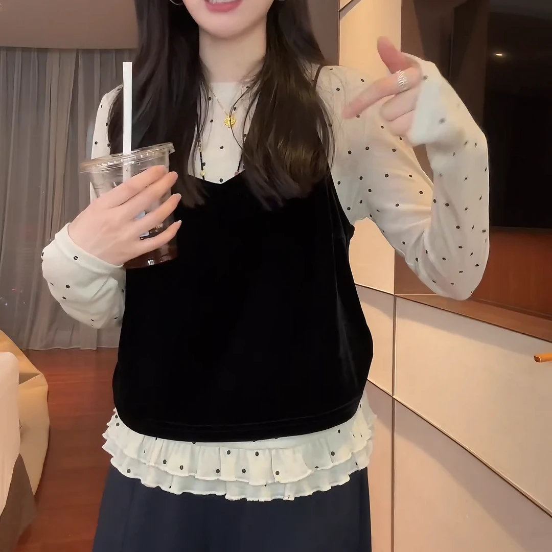 【波斯套装】2025秋季高级丝绒马甲+波点花边打底两件套装LK2506417