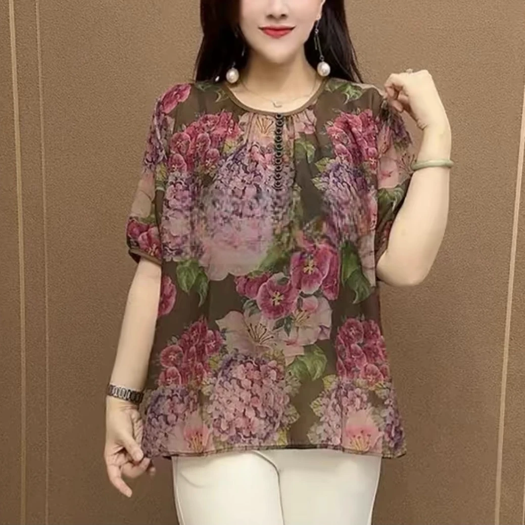 2025夏季新款高档时尚洋气扣款宽松大版衫花色印花气质减龄妈妈衫