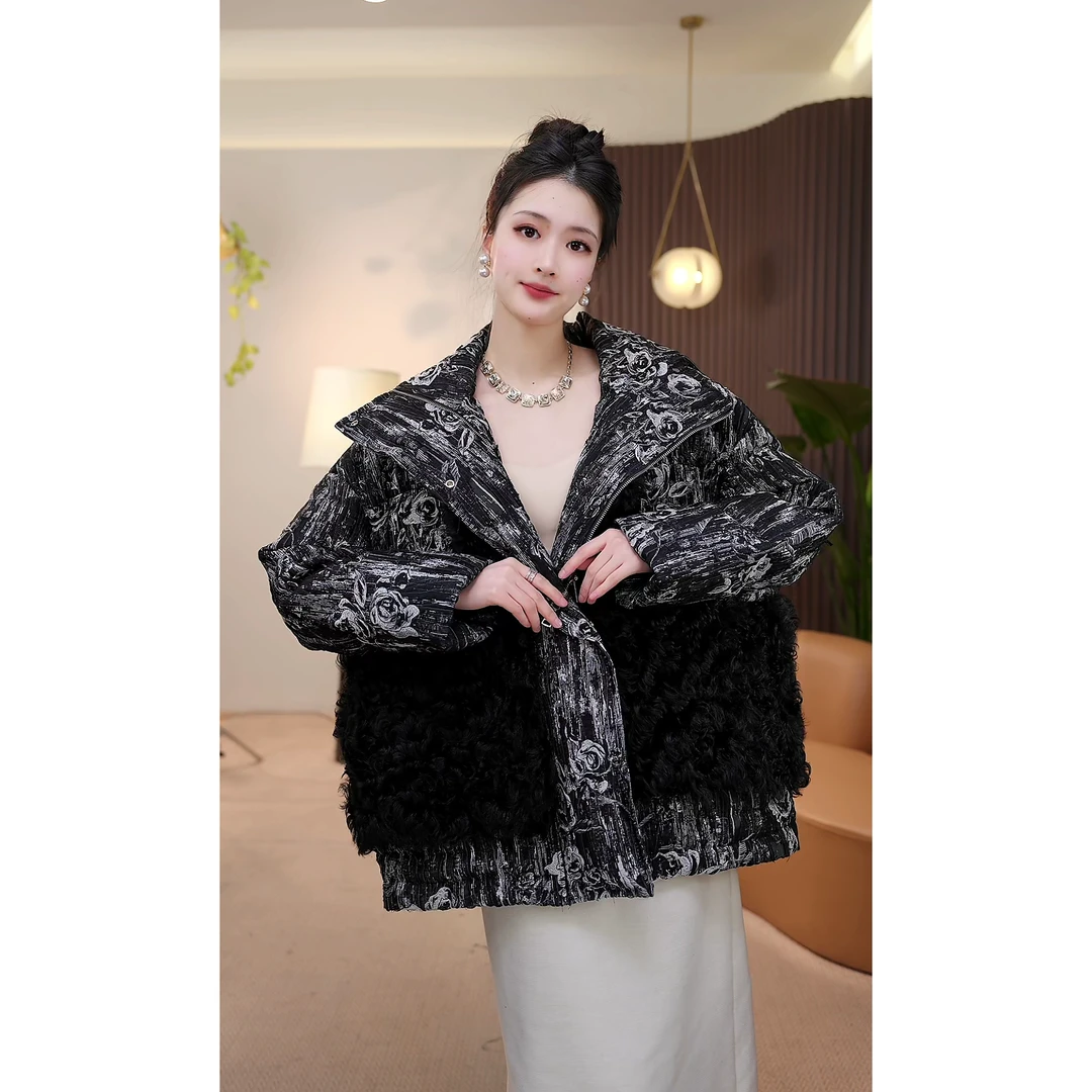 【茅茅专属】YY23023海军领玫瑰印花羊毛拼接羽绒服