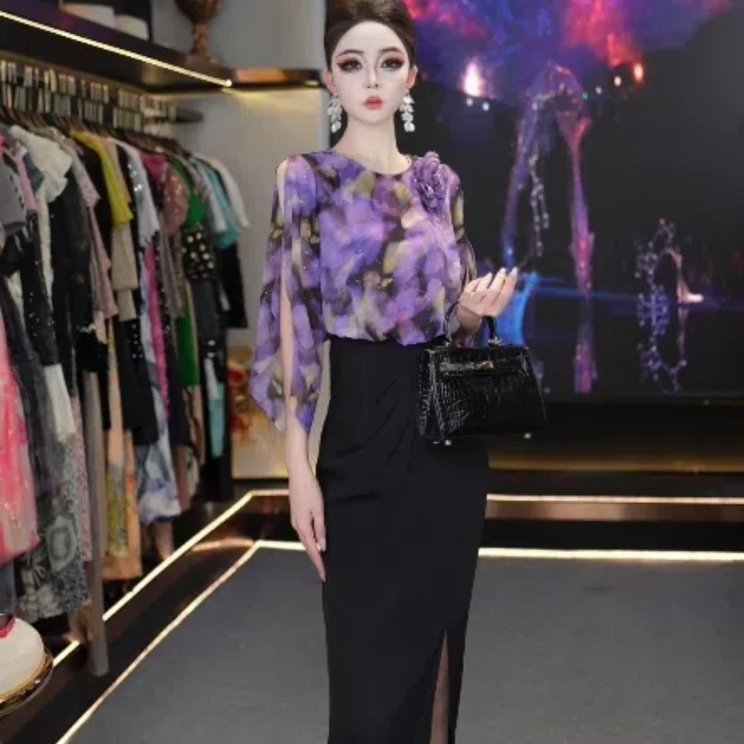 NIMOSHI【南油】夏季高级感高奢印花紫色系设计气质显瘦连衣裙Q2064