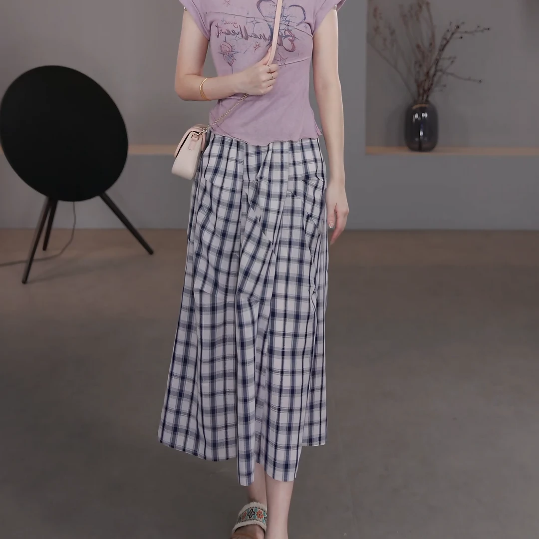 夏装2025年新款宽松显瘦休闲高腰格纹拼格子接半身裙LK2505057