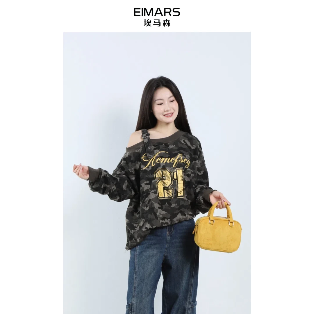 EIMARS埃马森复古迷彩中长款韩版斜肩卫衣21230013