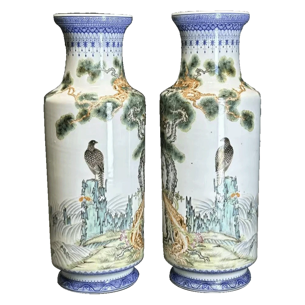 25340166x粉彩英雄独立碧云轩瓶一对