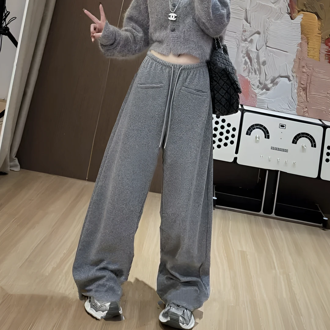 2025早秋新款灰色休闲宽松阔腿裤女慵懒风松紧腰显瘦百搭拖地裤潮