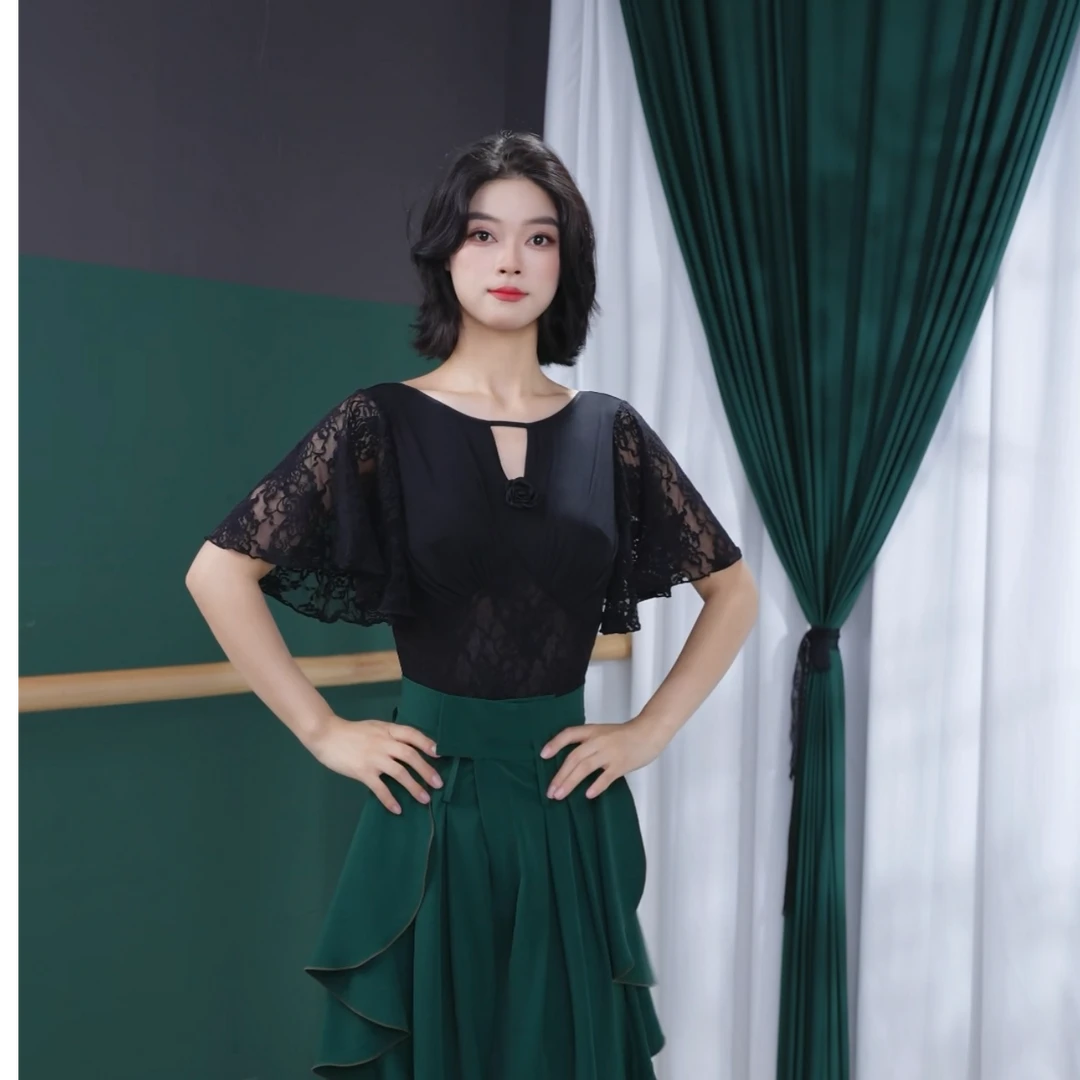 薇拉舞服新款山茶花夏季蕾丝上衣连体练功服摩登服SY0079