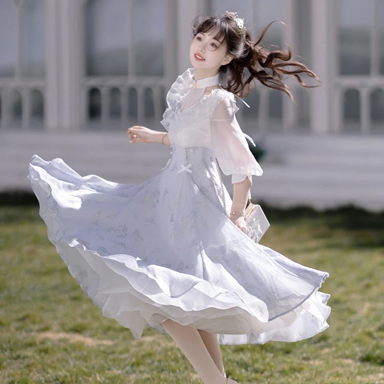 Y2436法式高级感宫廷风复古连衣裙女夏大码收腰日常洛丽塔公主裙