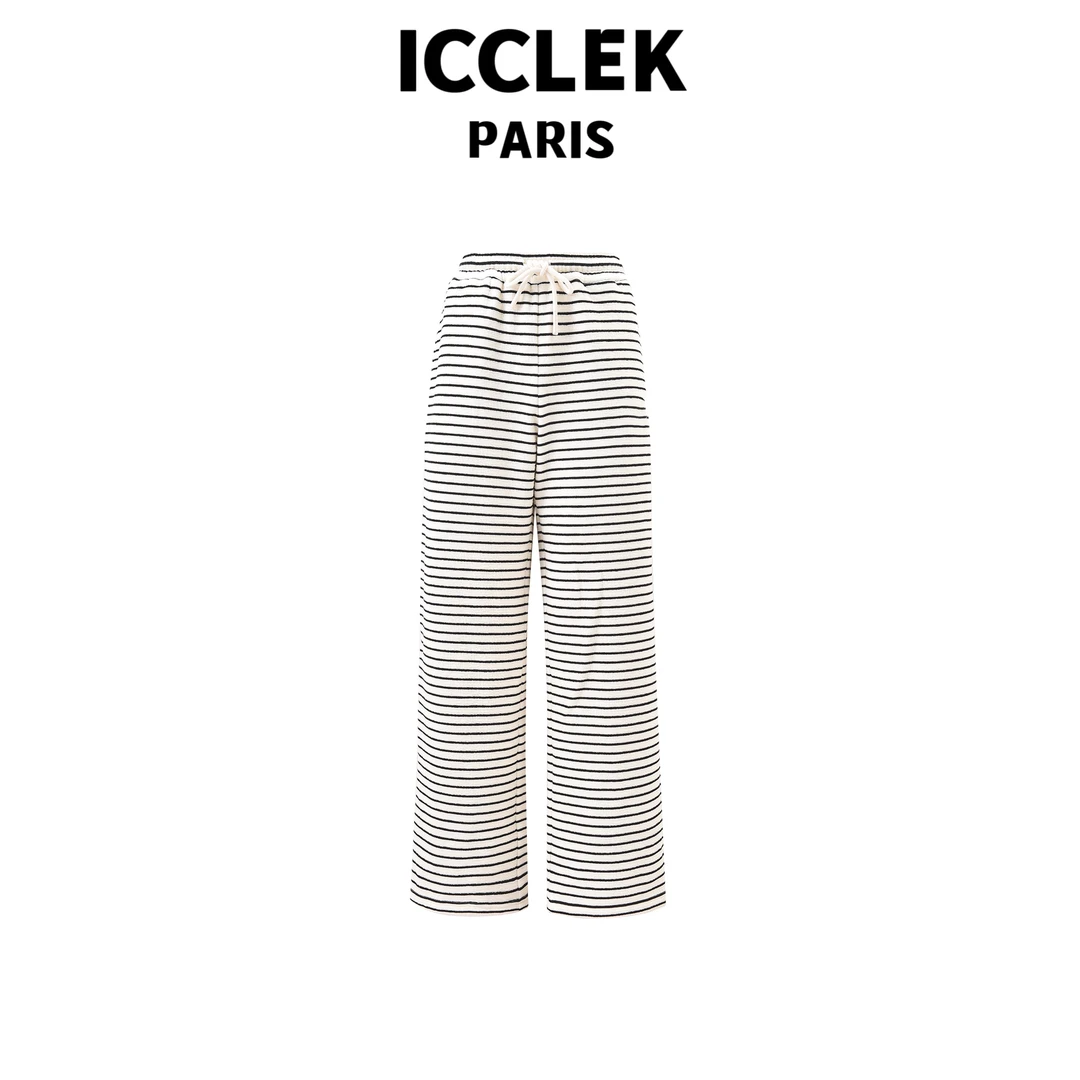 ICCLEK 条纹经典刺绣加厚休闲百搭通勤显瘦宽松时尚条纹裤 - 5086