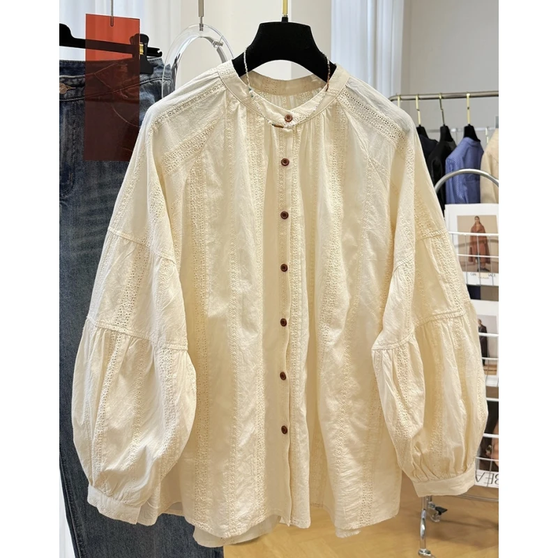 2025超火圆领镂空钩花长袖衬衫女春秋法式小衫上衣韩系宽松娃娃衫