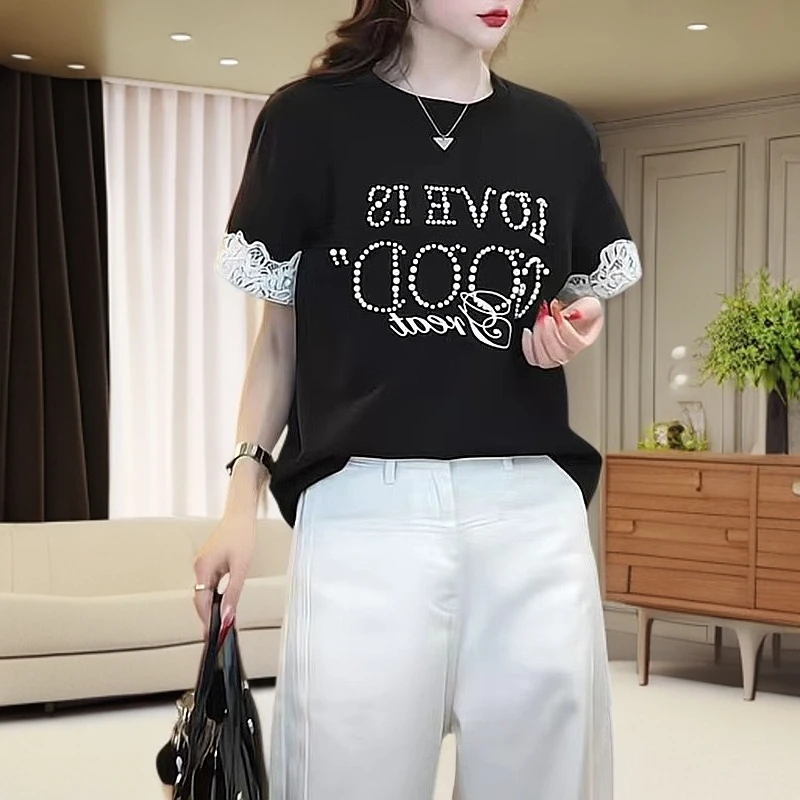 蕾丝拼接袖口字母女T恤短袖2025夏季新款女T恤短袖圆领洋气衣服女