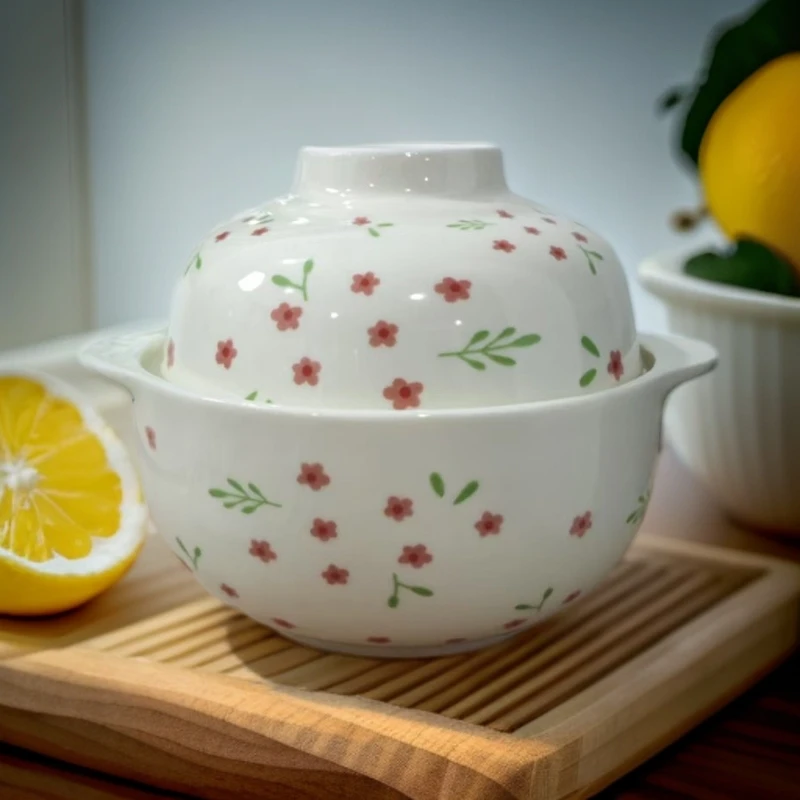 陶瓷釉下彩奶油色小碎花泡面碗带盖