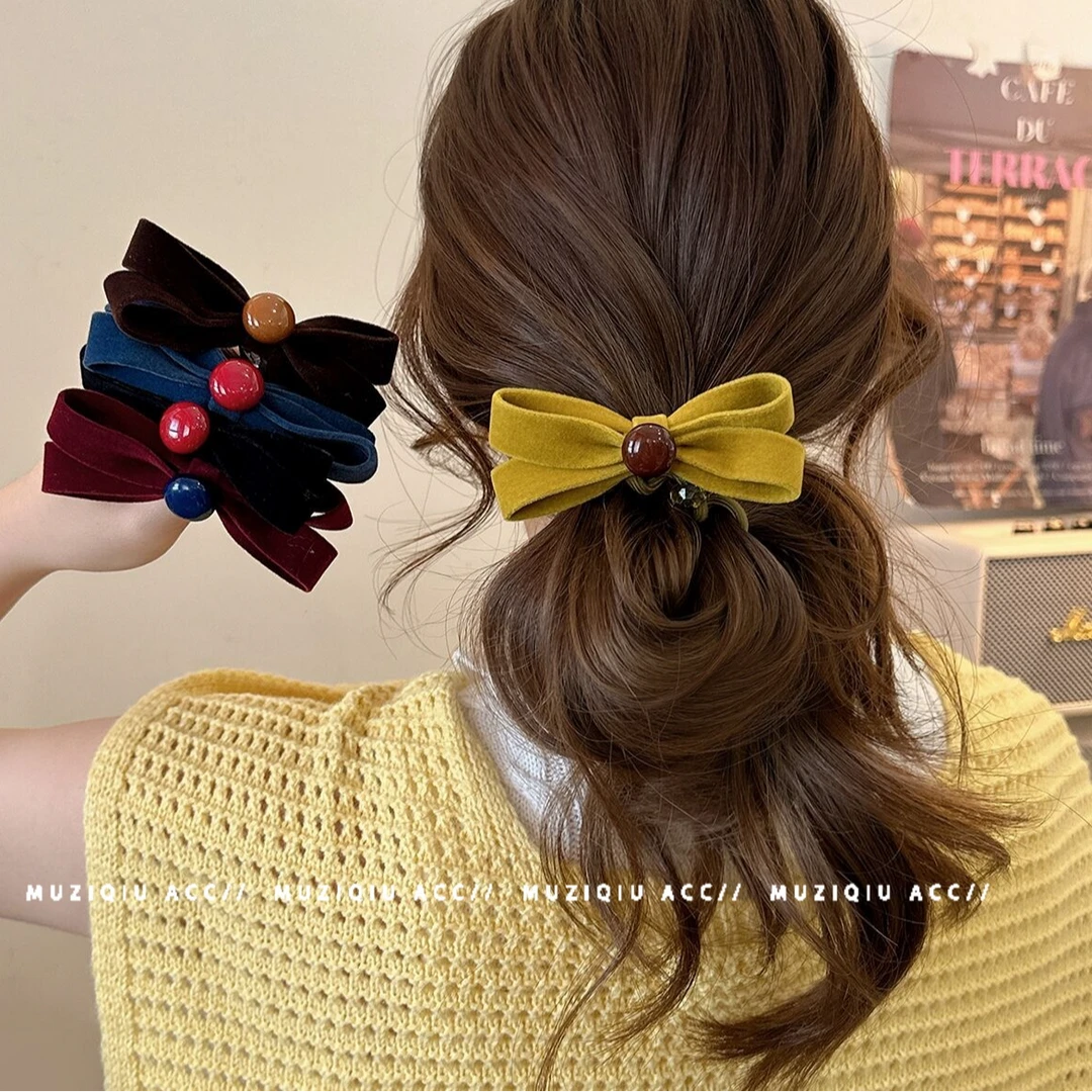 木子秋韩系丝绒蝴蝶结珠珠电话线发圈高级感时髦洋气精致优雅发绳