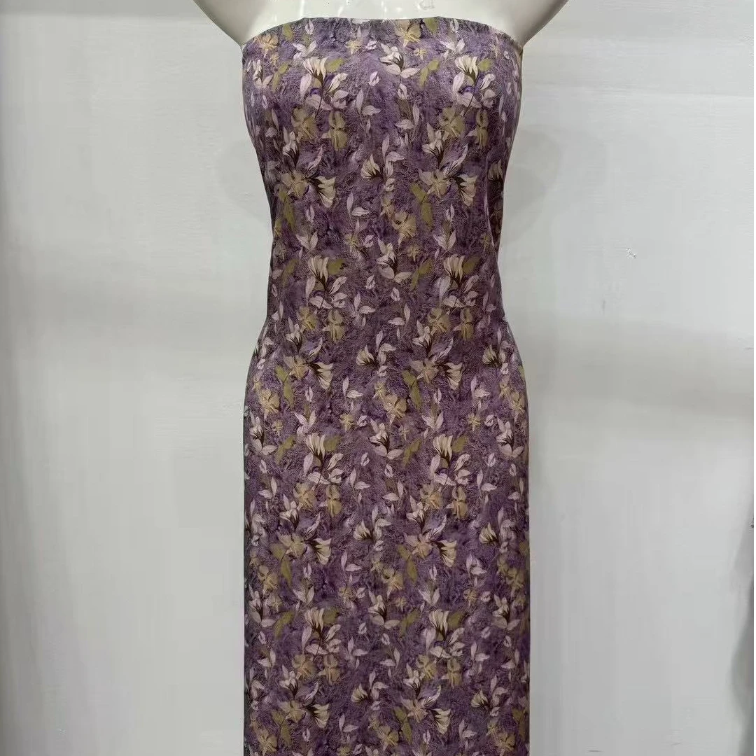 【小石】65支绫罗贡缎棉绸布料紫色小花（不支持7天无理由退换）